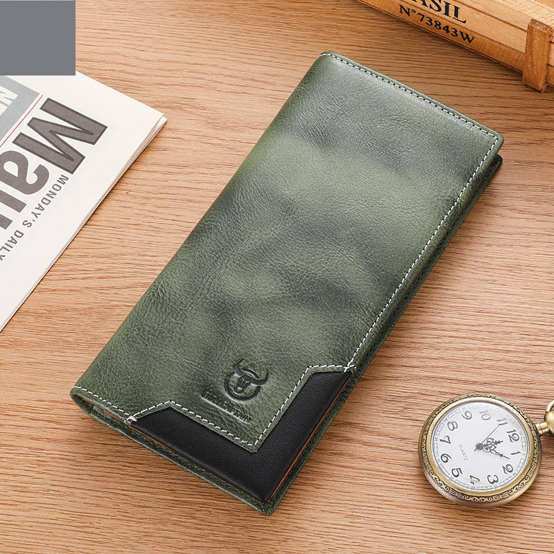 Captain Niu Oil-Waxed Leather Retro First-Layer Cowhide Bifold Large-Capacity Mens Wallet