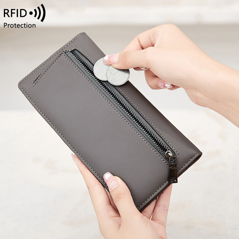RFID Anti-Theft Wallet PU Simple Portable With Zipper And Multiple Card Slots