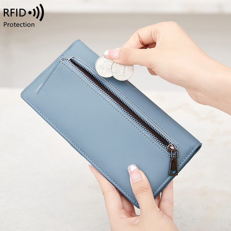 RFID Anti-Theft Wallet PU Simple Portable With Zipper And Multiple Card Slots