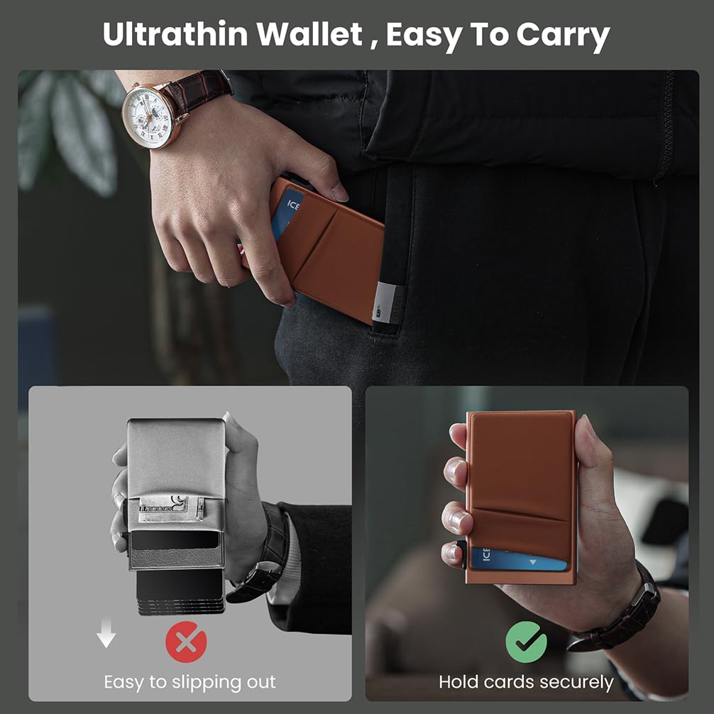 Slim Minimalist Wallet With ID Window,Pop Up Card Holder With Money Pocket Smart Wallet For Men RFID Blocking Metal Card Case